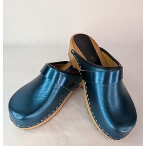 Bjork Teal Shimmer Green Leather Clogs Wood footbed Size 37/6.5